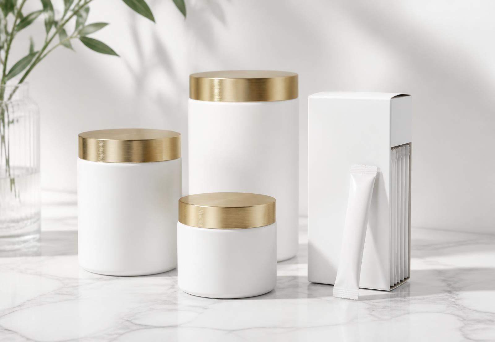 Premium Supplements in weißen Dosen mit Golddeckel